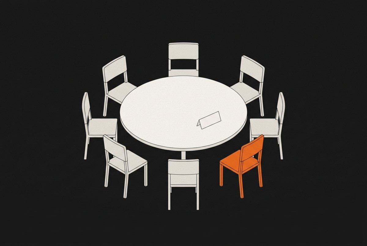 Line illustration of a round table with chairs, one chair orange