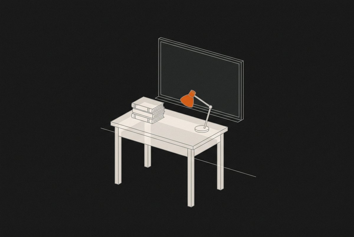 Line illustration of a classroom desk with books, a lamp and a wall screen, one orange accent
