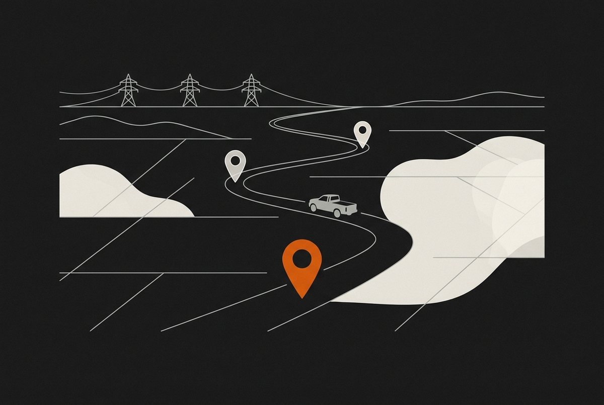 Line illustration of a road through open country with power lines, a vehicle and an orange location pin